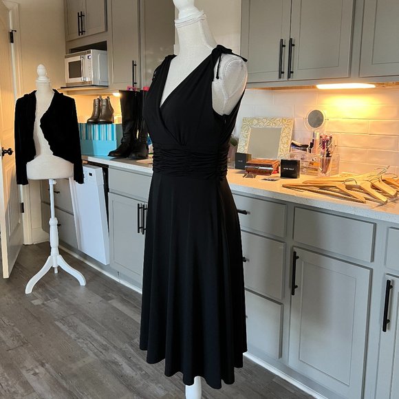 Little Black Dress with Shoulder Ties Cummerbund Waist Midi Length Size Small - Picture 5 of 9